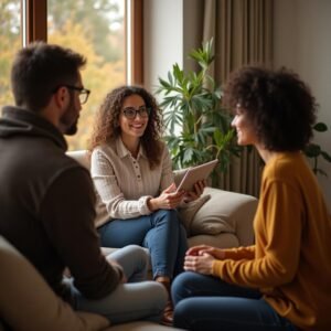 מטפלת יושבת על כורסא מול זוג הורים שיושבים על ספה, פניה מביטות בהם בחיוך והאם משתפת