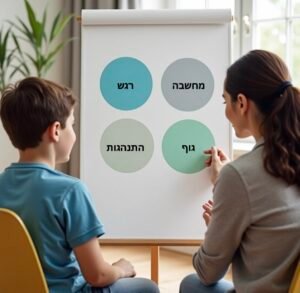 מטפלת וילד יושבים מול לוח ועליו מצויירים ארבעה עיגולים ובהם המילים: מחשבה, רגש, גוף, התנהגות, שהם עקרונות הבסיס בטיפול CBT