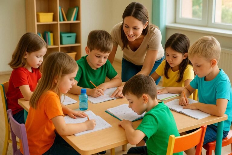 ילדים יושבים סביב שולחן ועסוקים בלמידה מול מחברות כשהמורה עוברת ביניהם