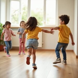 ילדים משחקים תופסת ,נמצאים בתנועה ושנים מהילדים רצים אל עבר ילדות אחרות