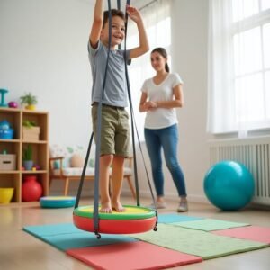 ילד עומד על נדנדת צמיג , אוחז בחבלים בחדר עם ציוד מוטורי