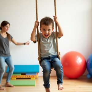 ילד מתנדנד על נדנדה עם מבט גאה מלווה בחשש, בחדר ריפוי בעיסוק,ברקע המרפאה בעיסוק וכדור פיזיו